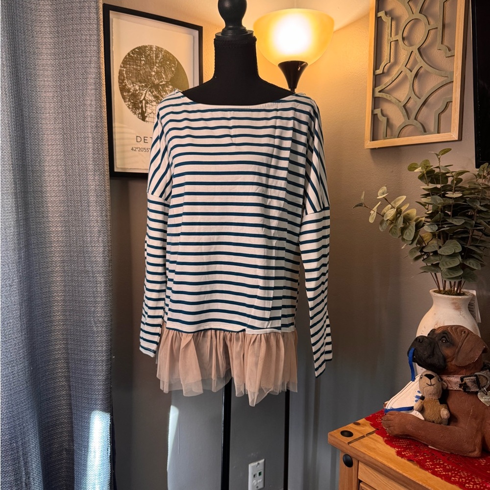 Striped Long Sleeve Top with Tulle Hem